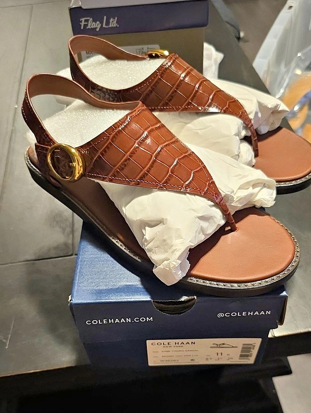 Cole Haan Kami Thong Sandal Mahagony Crocodile Print Leather NIB